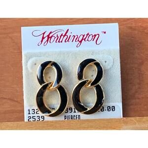 Vintage Worthington Black Enamel Gold Tone Interlocking Loop Earrings Post Stud